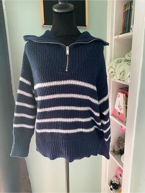 Cynthia Rowley Navy & White Striped Half-Zip Turtleneck Sweater